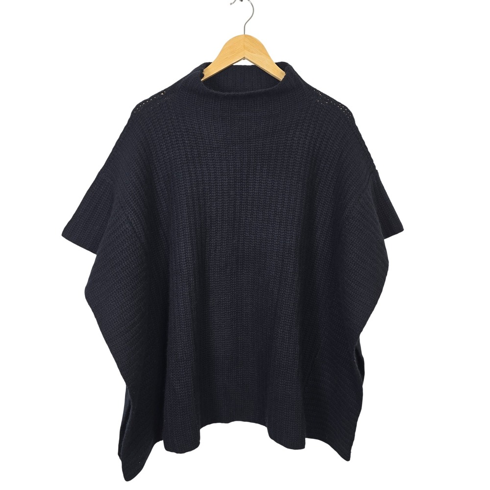 Henri Bendel Black Wool Cashmere Ribbed Mock Neck Poncho Sweater One Size